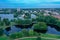 Panoramic aerial view of the Kolonistsky Park in Peterhof. Holguin pond