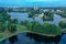 Panoramic aerial view of the Kolonistsky Park in Peterhof. Holguin pond