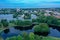 Panoramic aerial view of the Kolonistsky Park in Peterhof. Holguin pond