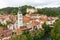 Panoramic aerial view of medieval old town of Skofja Loka, Slovenia