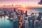 A panoramic aerial view of the Miami skyline at sunset, showcasing the city\\\'s iconic pastel-colored buildings