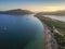 Panoramic aerial view over Divari beach near Navarino bay, Gialova. It is one of the best beaches in mediterranean Europe.