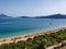 Panoramic aerial view over Divari beach near Navarino bay, Gialova. It is one of the best beaches in mediterranean Europe.