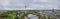 Panoramic aerial view over Munich, typical and authentic pano shot over the green olympic park, modern living at it's