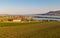 Panoramic aerial view of Palava hills, czech republic. Vineyard land near water reservoir Nove mlyny. Concept of agriculture and