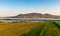 Panoramic aerial view of Palava hills, czech republic. Vineyard land near water reservoir Nove mlyny. Concept of agriculture and