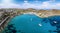 Panoramic aerial view of the popular beach at Vari, Syros island