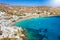 Panoramic aerial view of the popular Platis Gialos beach, Mykonos