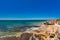 Panoramic aerial view of Praia Da Gale beach, near Albufeira and Armacao De Pera, Algarve, Portugal