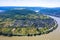 Panoramic aerial view of the Rhine loop or sinuosity near the city of Boppard. Gedeon Neck lookout point. Boppard is the city in t