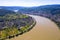 Panoramic aerial view of the Rhine loop or sinuosity near the city of Boppard. Gedeon Neck lookout point. Boppard is the city in t