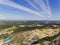 Panoramic aerial view of sand quarry industrial outskirts of city