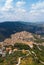 Panoramic aerial view from top of mountain of Narni Terni, Umbria, Italy, medieval city. Houses made of stone. Incredible views