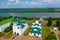 Panoramic aerial view of Transfiguration Monastery and river Oka in Murom, Russia Vladimir region