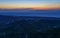 Panoramic aerial view on valley and town, plantations and villages on Rhodes island at deep night. Scenic landscape. Dodecanese,