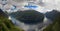 Panoramic aerial wide angle landscape of Geiranger fjord from mountain viewpoint. High resolution panorama