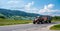 Panoramic agricultural tractor on the road