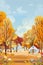 Panoramic of Autumn Countryside landscape in England, Vector illustration of horizontal banner of autumn landscape with farm house