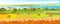 Panoramic autumn landscape with fields of wheat, reap, horses, trees, river.