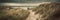 Panoramic banner, desolate Autumn seaside with yellow grass and overcast sea, AI generative