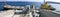 A panoramic banner of a large cargo ship in the Aegean Sea dock, located in Milos island, Greece.