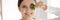 Panoramic banner of smiling woman recommend parsley for teeth