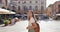 Panoramic banner view of beautiful fashion tourist woman visiting the medieval old town of Ravenna, Italy