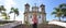 Panoramic banner view of beautiful tourist woman visiting the baroque colonial city of Ouro Preto, old capital of the state of