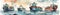 Panoramic banner with watercolor industrial cargo container ships in calm sea, AI generative freight transportation