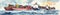 Panoramic banner with watercolor industrial cargo container ships in calm sea, AI generative freight transportation design border