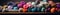 Panoramic banner with yarn balls, multicolor, close-up, AI generative horizontal border design element