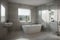 Panoramic bathroom interior with dark panel partition, on-trend tub, shower area, original stool, concrete floor and grey walls. A