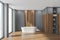 Panoramic bathroom: wooden coatings, white bathtub, grey walls