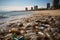 Panoramic of a beach and in the foreground a pile of garbage and plastics