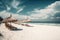 Panoramic beach paradise. Couple chairs beds with umbrella created by generative AI