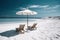 Panoramic beach paradise. Couple chairs beds with umbrella created by generative AI