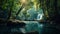 Panoramic beautiful deep forest waterfall