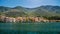 Panoramic beauty of the coastline in Montenegro\\\'s Bay of Kotor with old stone houses