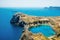 Panoramic bird eye aerial view at Saint Paul Bay at Lindos on the island of Rhodes