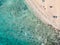Panoramic bird`s eye aerial drone view of a beach section at Corralejo National Park Parque Natural de Corralejo