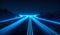 Panoramic blue neon lights on the road. Generative AI