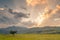 A panoramic of Champagne Castle mountain at sunset in Drakensberg, South Africa