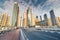 Panoramic citiscape view of the neighborhood of the Dubai Marina area with skyscrapers and bridge