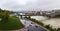 Panoramic city buildings view rainy autumn weather, Maribor Slovenia.