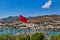 Panoramic cityscape of Bodrum with Turkish flag