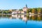 Panoramic cityscape of Litomerice reflected in Labe River, Czech Republic