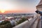 Panoramic cityscape ofrom Fisherman`s Bastion in summertime. Colorful sunrise in Budapest, Hungary