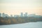 Panoramic Cityscape View of Kyiv and the River Dnipro in Fog at Autumn Morning, Ukraine