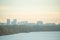 Panoramic Cityscape View of Kyiv and the River Dnipro in Fog at Autumn Morning, Ukraine