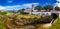 Panoramic cityscape view to Municipality and central square Of Ribeira Grande, Sao Miguel, Azores, Portugal. Central square of